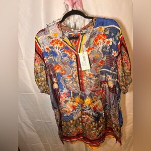 Johnny Was Blue and Red Floral Dragon Silk Shirt